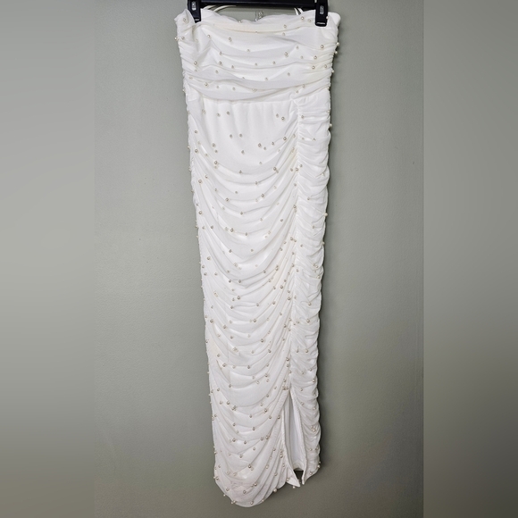 Lulus Toast to Romance White Ruched Pearl Bodycon Midi Dress, Size Large - Picture 7 of 10